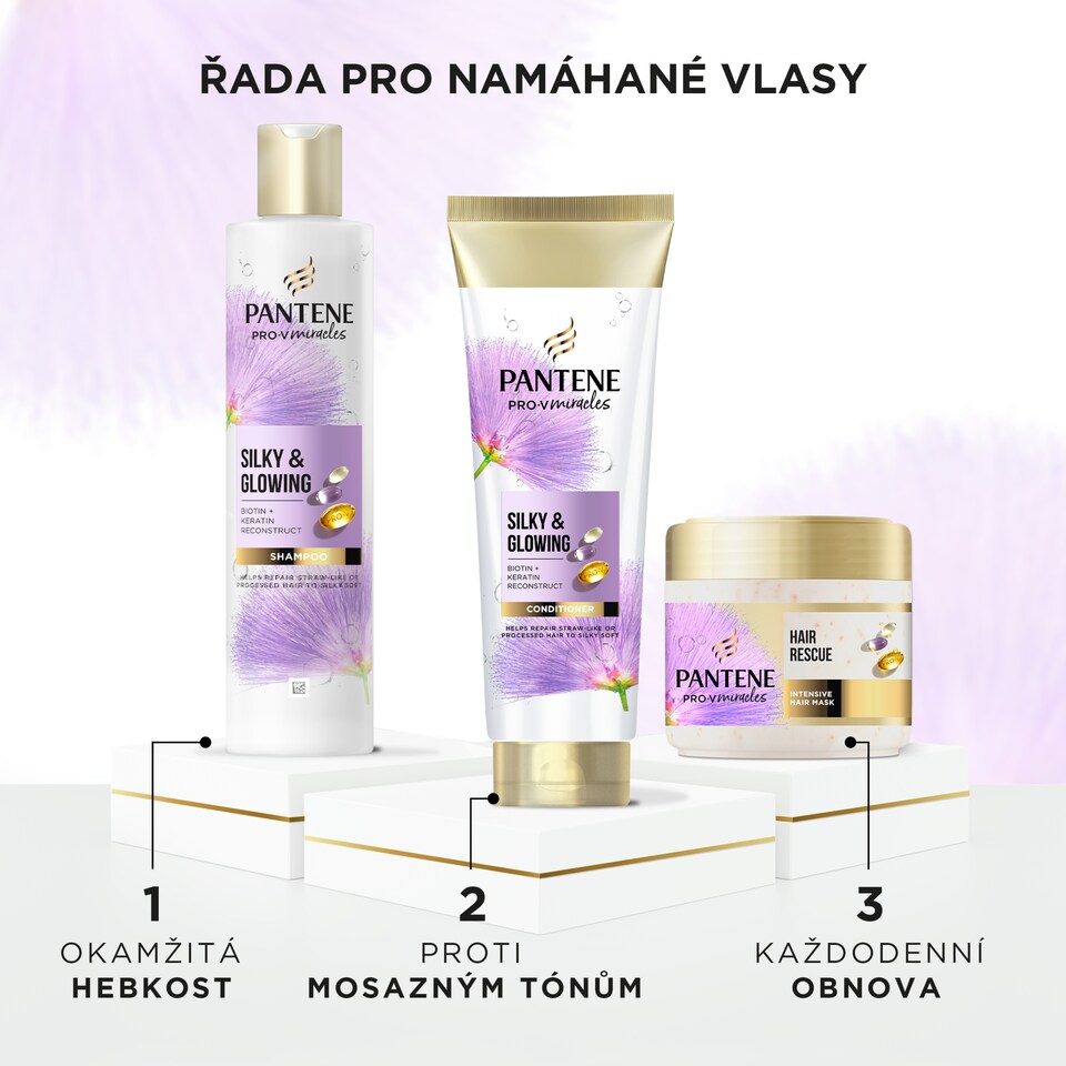 Obrázek 1 pro produkt Pantene Silky & Glowing Šampon s Biotinem a Regeneračním Keratinem 250 ml pro Suché Vlasy