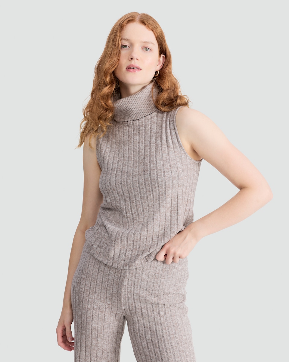 image 1 of F&F Ribbed Roll Neck Sleeveless Co-ord Top in Neutral