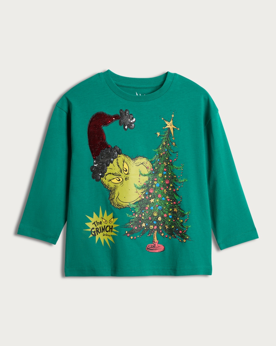 image 1 of The Grinch Pure Cotton Christmas Tree Print Top in Green