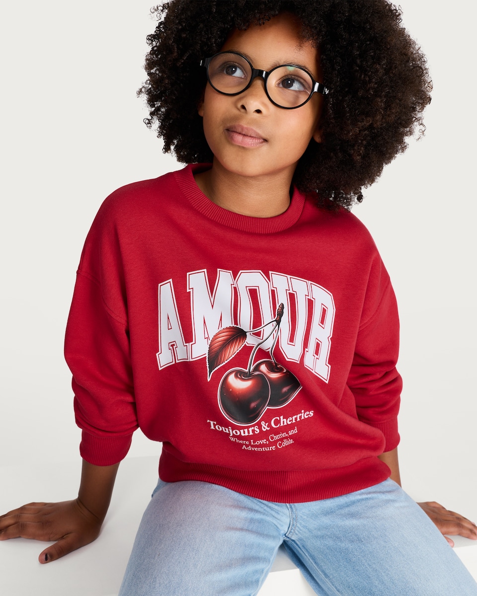 image 1 of F&F Girls Cotton Rich Amour Cherry Print Sweatshirt in Red
