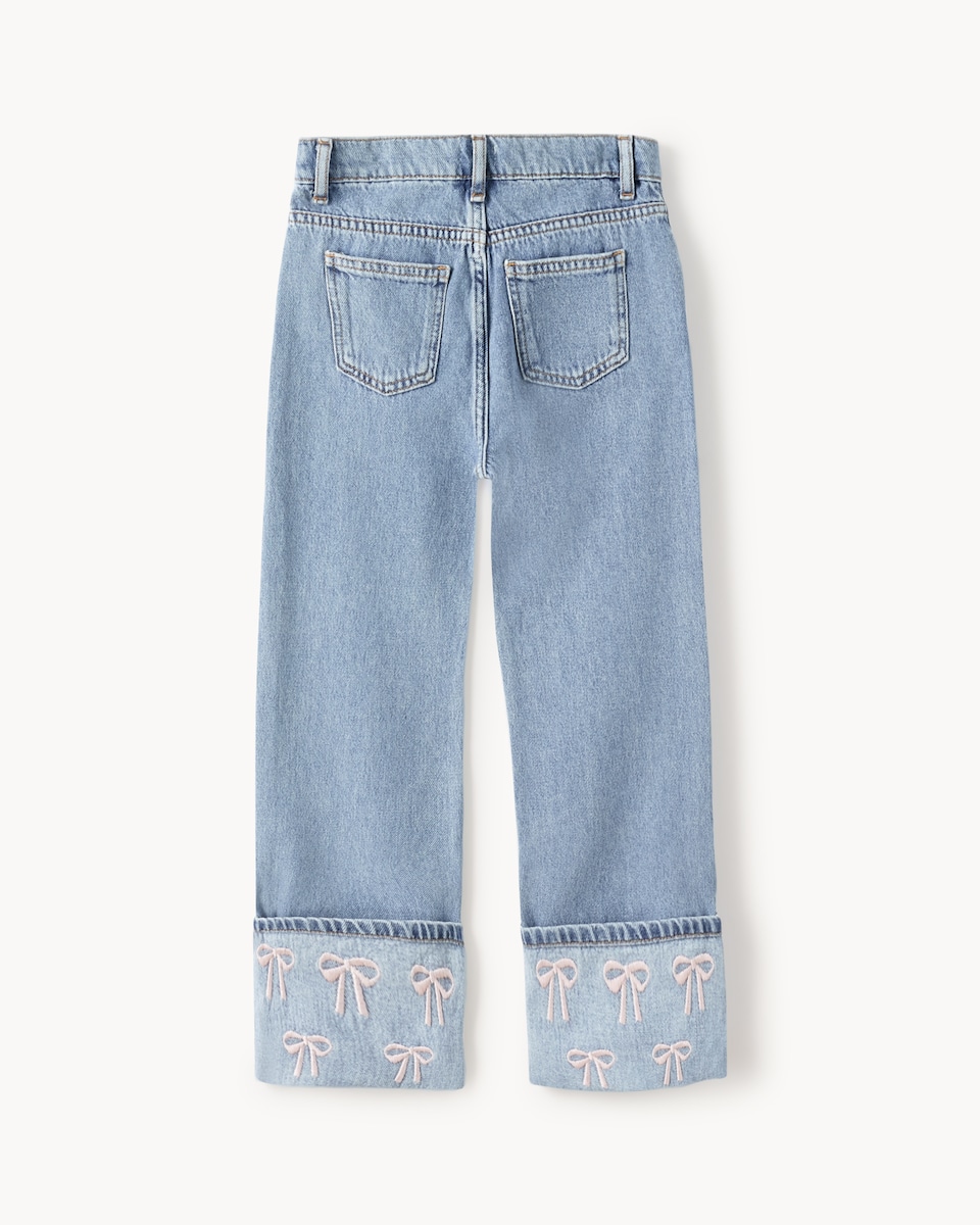 image 1 of F&F Girls Cotton Rich Embroidered Bow Turn Up Wide Leg Jeans in Blue