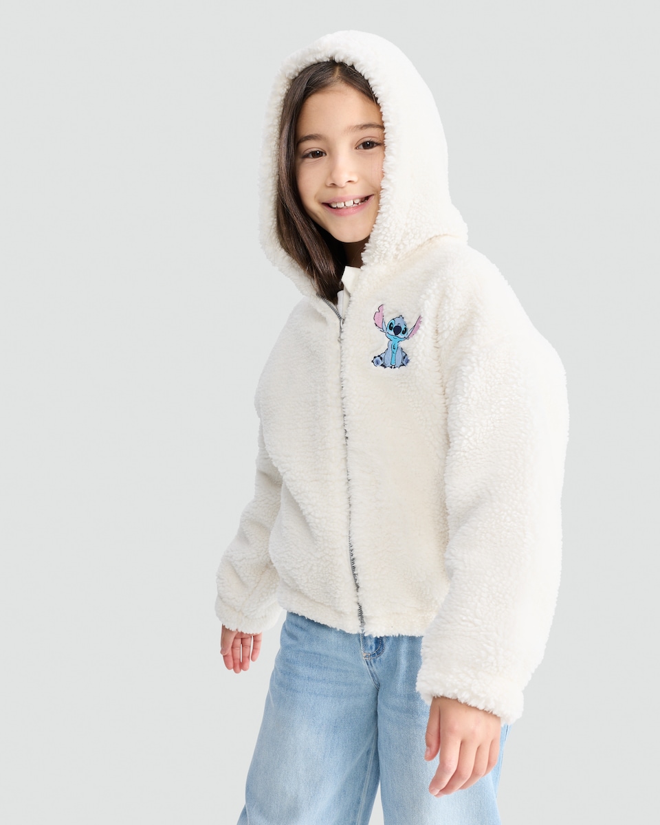 image 1 of Disney Lilo & Stitch Fleece Embroidered Zip Up Hoodie in Cream