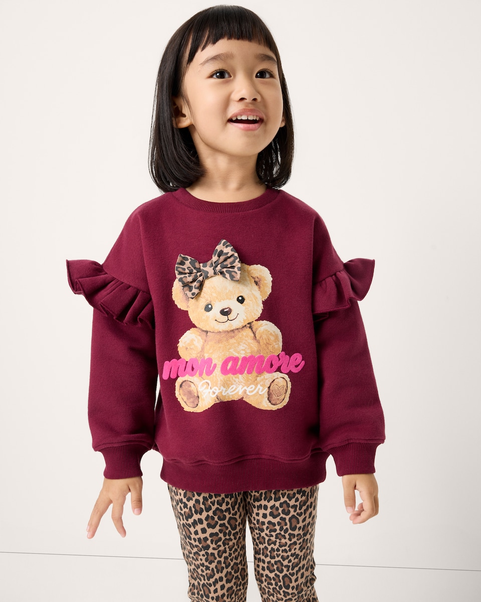 image 1 of F&F Girls Cotton Rich Teddy Sweatshirt and Flared Leggings Set in Multi Brown