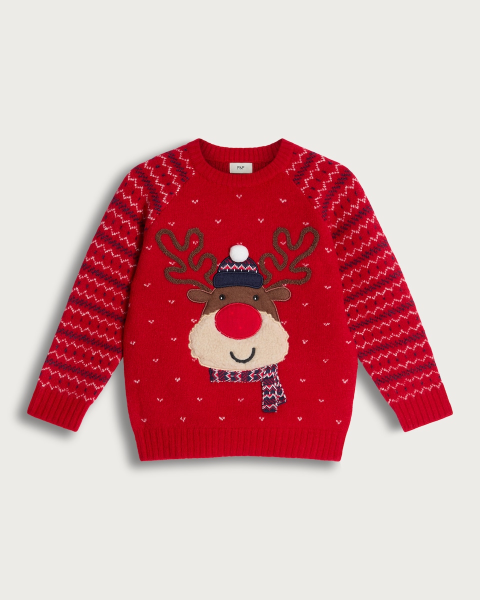 image 1 of F&F Boys Knitted Reindeer Christmas Print Light Up Jumper in Red