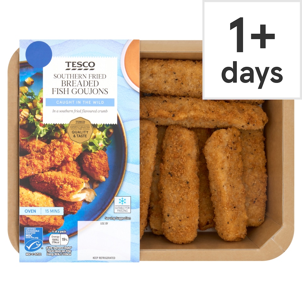 TESCO SOUTHERN FRIED BREADED FISH GOUJONS 350g