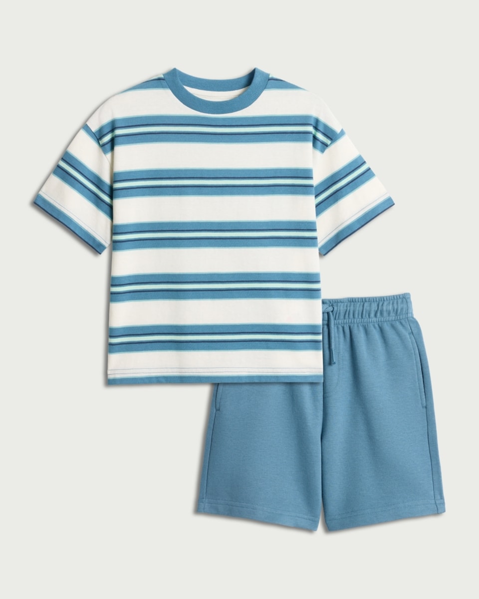 image 1 of F&F Boys 2-Pack Pure Cotton Striped T-Shirt and Shorts Set in Blue