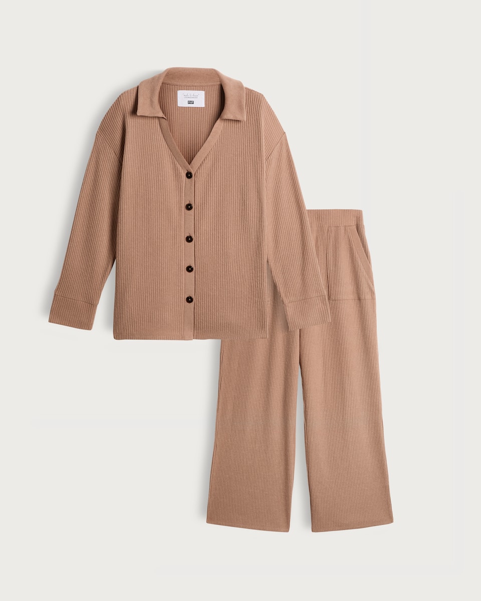 image 1 of F&F Ribbed Revere Button Up Pyjama Set in Med Nude
