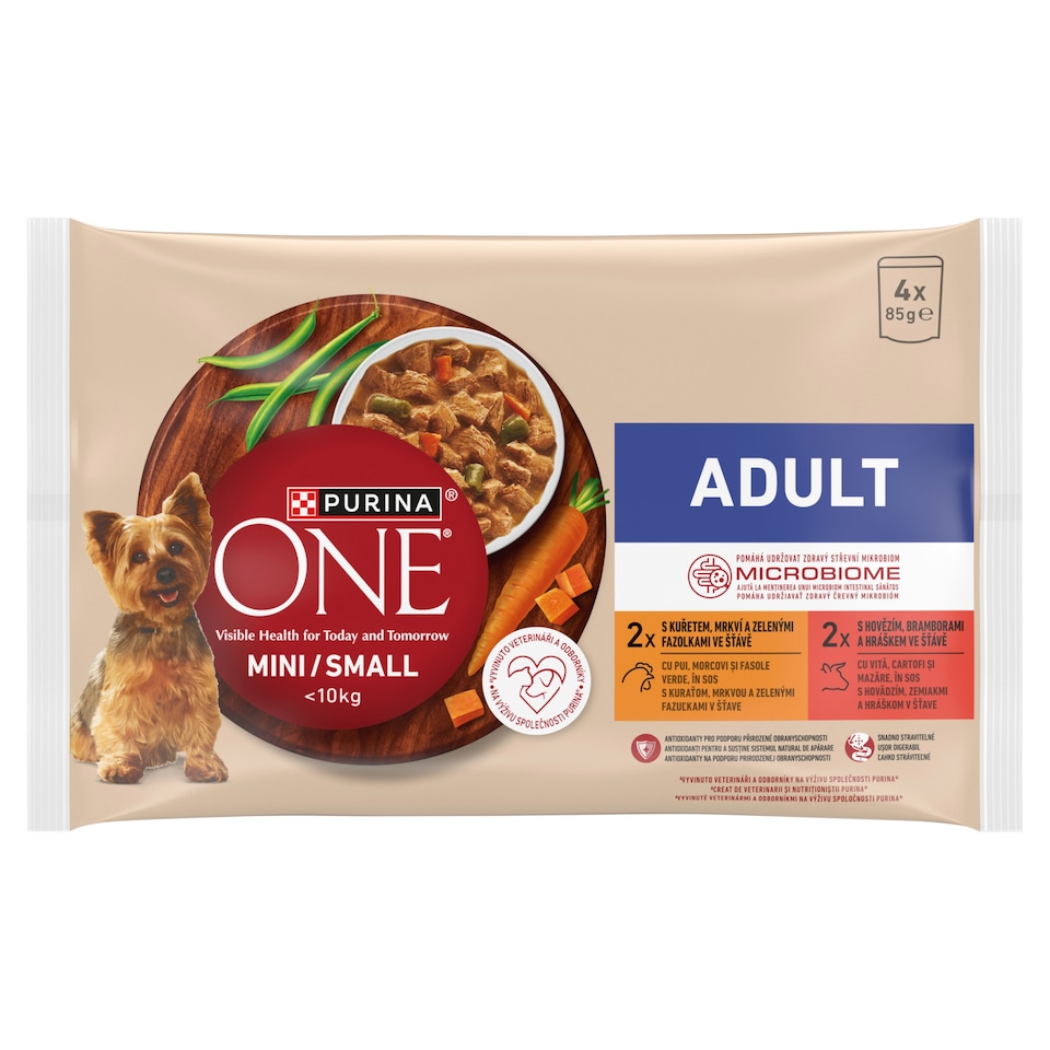 Purina ONE Mini Dog Adult Pouches for Dogs Chicken, Beef in Juice 4 x 85g