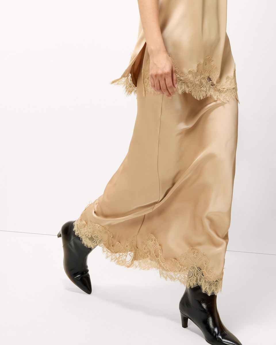 image 1 of The F&F Edit Satin Lace Trim Co-ord Midi Skirt in Camel