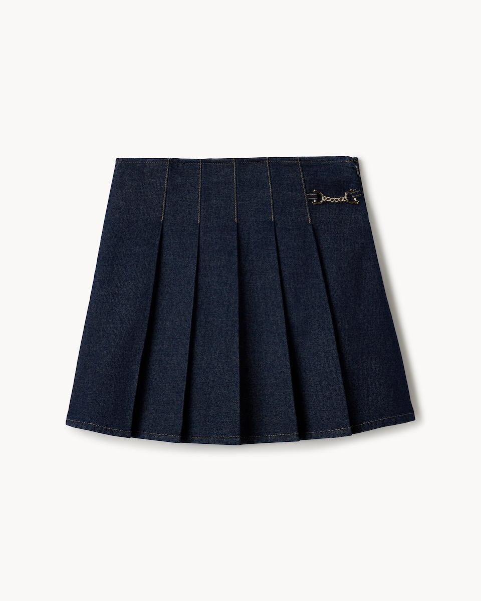 image 1 of F&F Pure Cotton Pleated Denim Mini Skirt in Navy