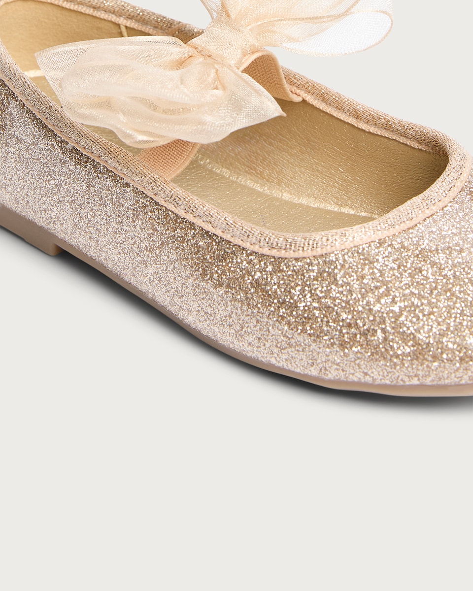 image 1 of F&F Girls Glitter Bow Ballet Shoes in Gold