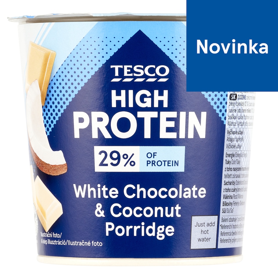 Tesco High Protein instantná ovsená kaša s kúskami bielej čokolády, kokosom a kúskami mandlí 65 g