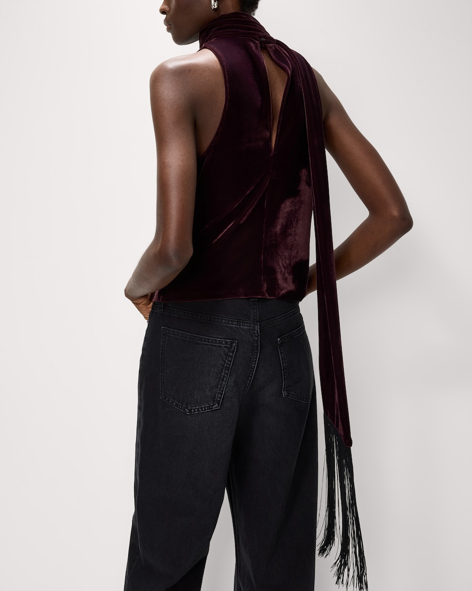 image 1 of F&F Velvet Fringed Halter Neck Top in Burgundy
