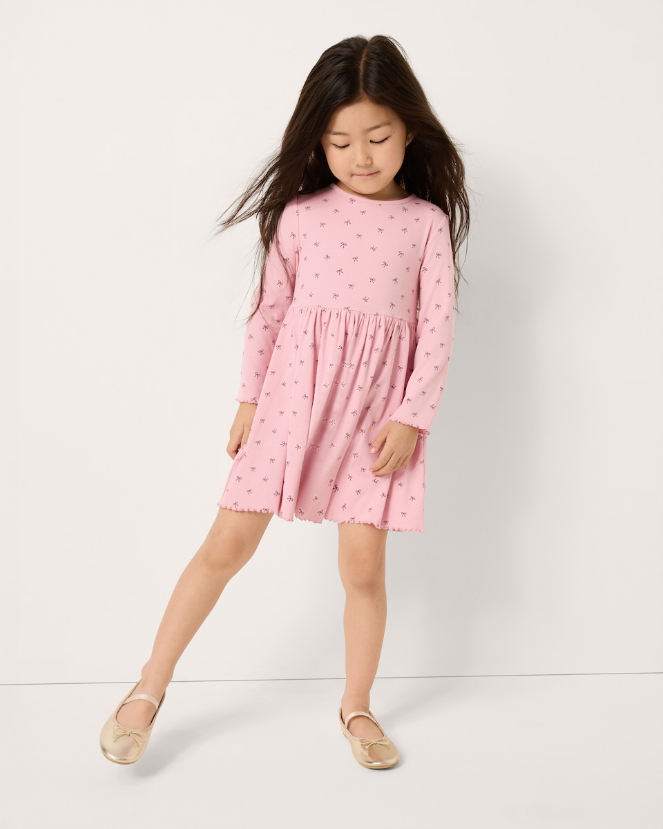 image 1 of F&F Girls Cotton Rich Ribbed Bow Print Dress in Pink