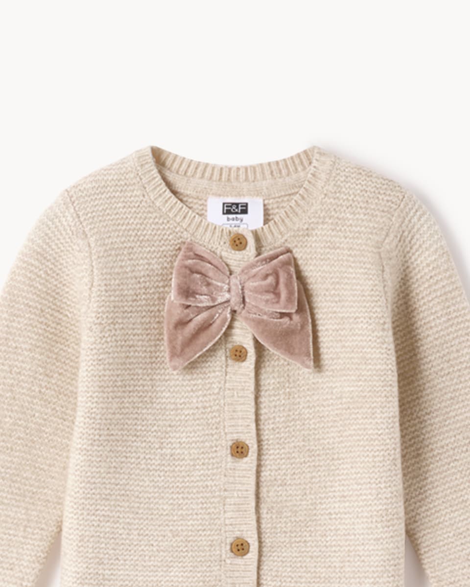 image 1 of F&F Baby Knitted Bow Cardigan and Bottoms Set in Neutral