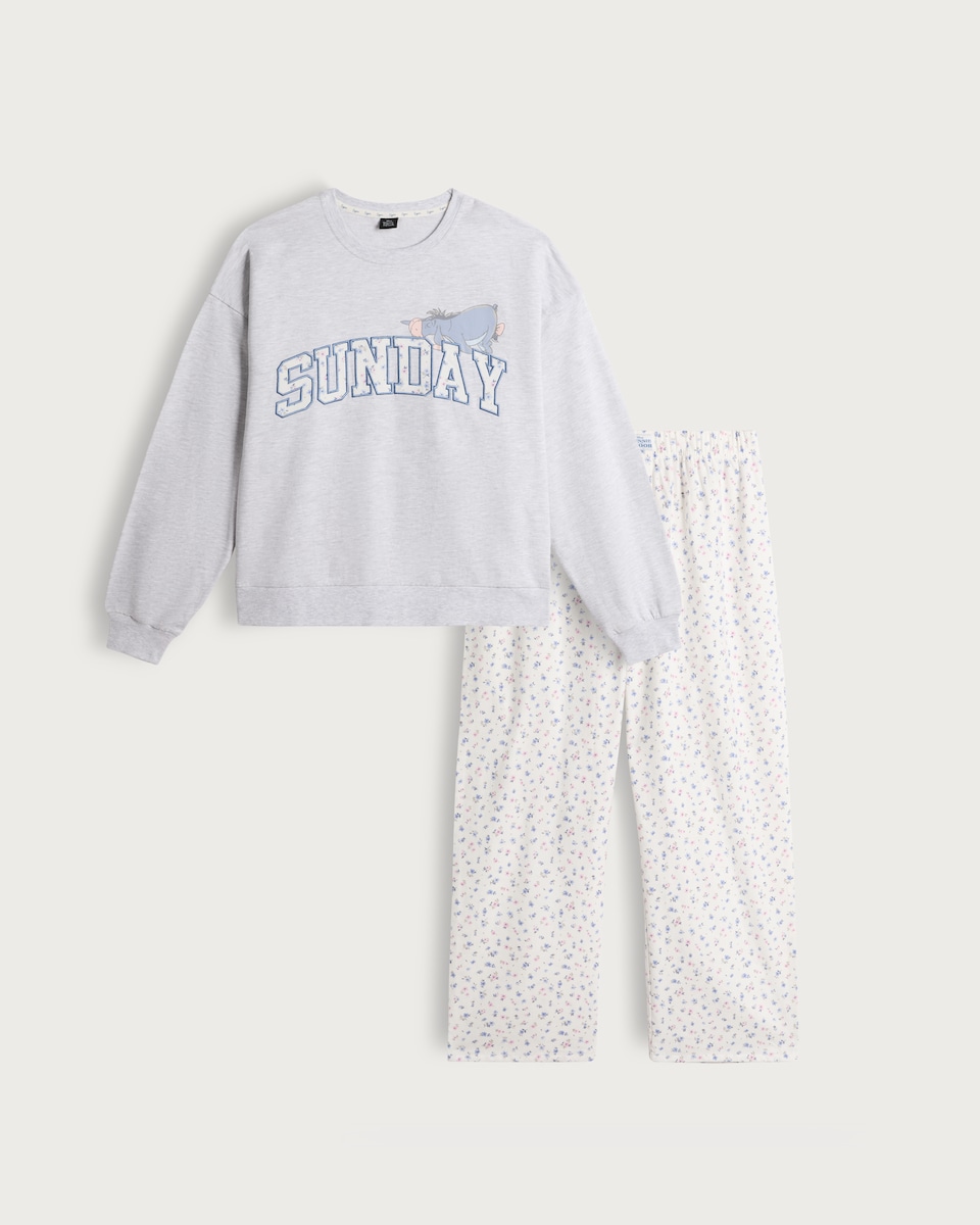 image 1 of Disney Winnie the Pooh Eeyore Cotton Rich Sunday Slogan Pyjama Set in Multi Grey