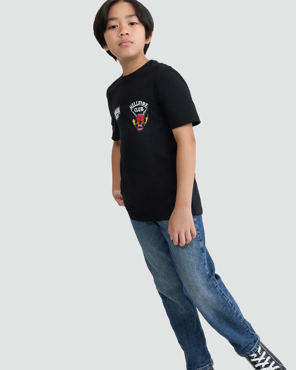 image 1 of Stranger Things Pure Cotton Hellfire Club Print T-Shirt in Black