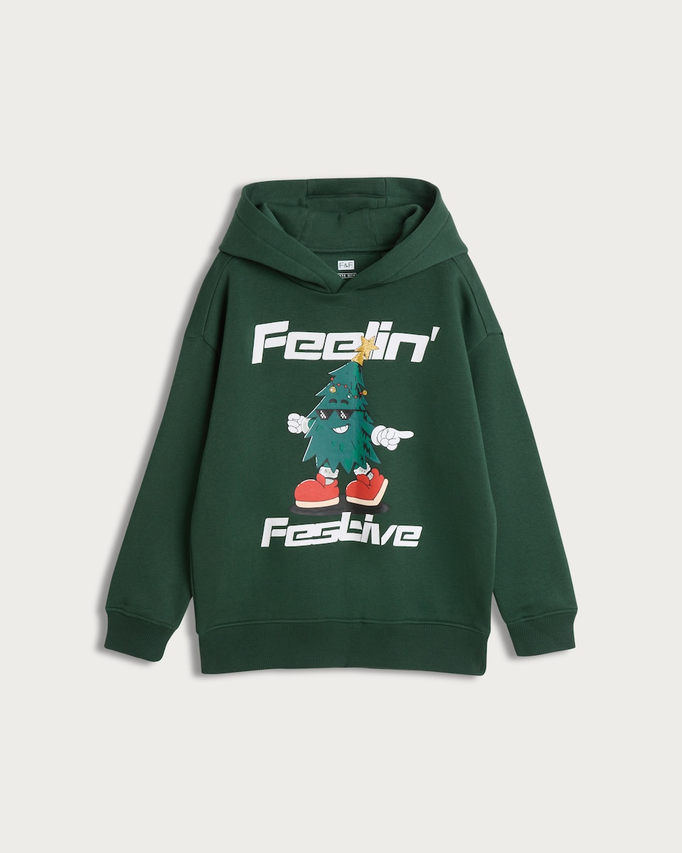 image 1 of F&F Boys Cotton Rich Feelin' Festive Christmas Hoodie in Green