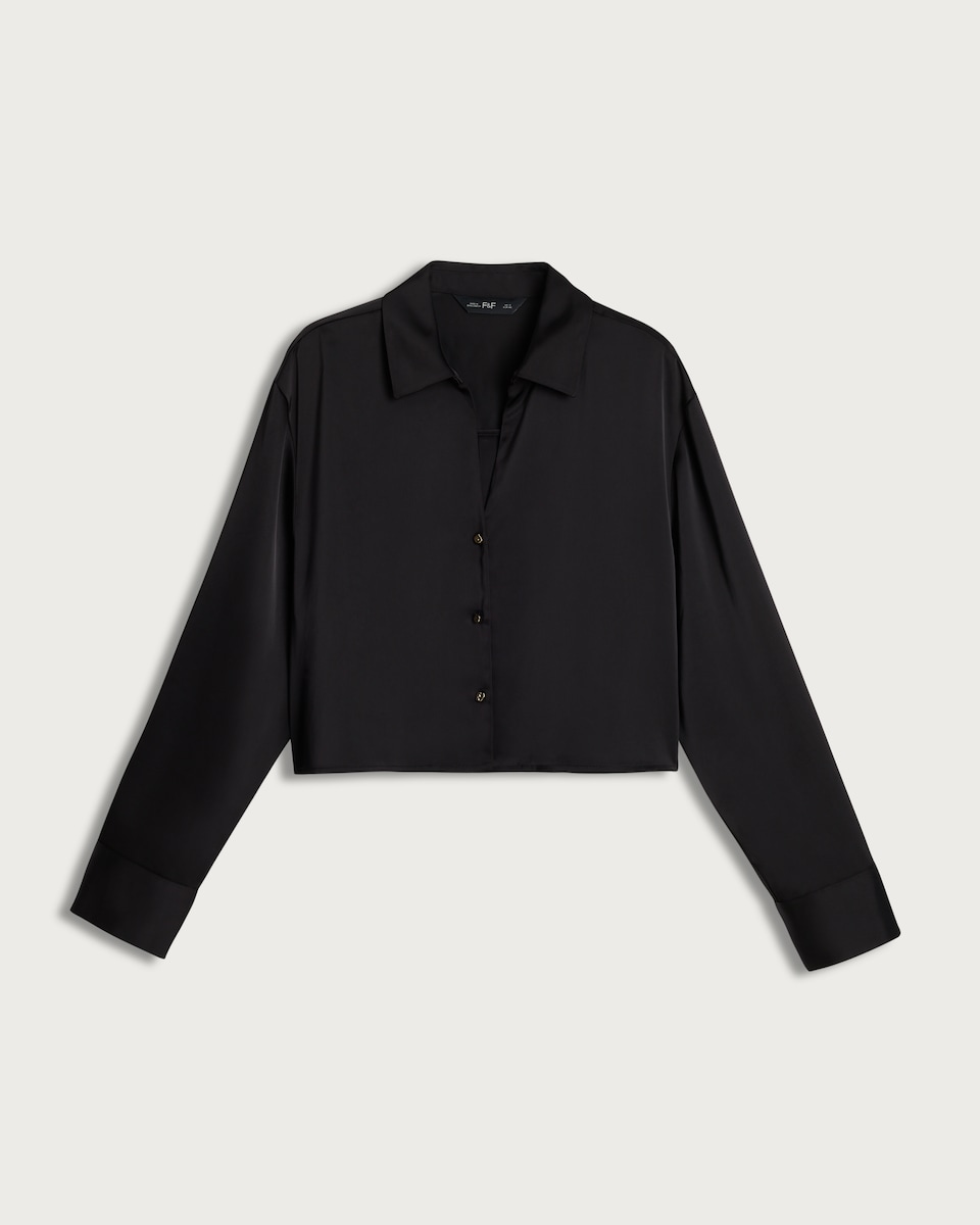 image 1 of F&F Satin Cropped Button Up Shirt in Black
