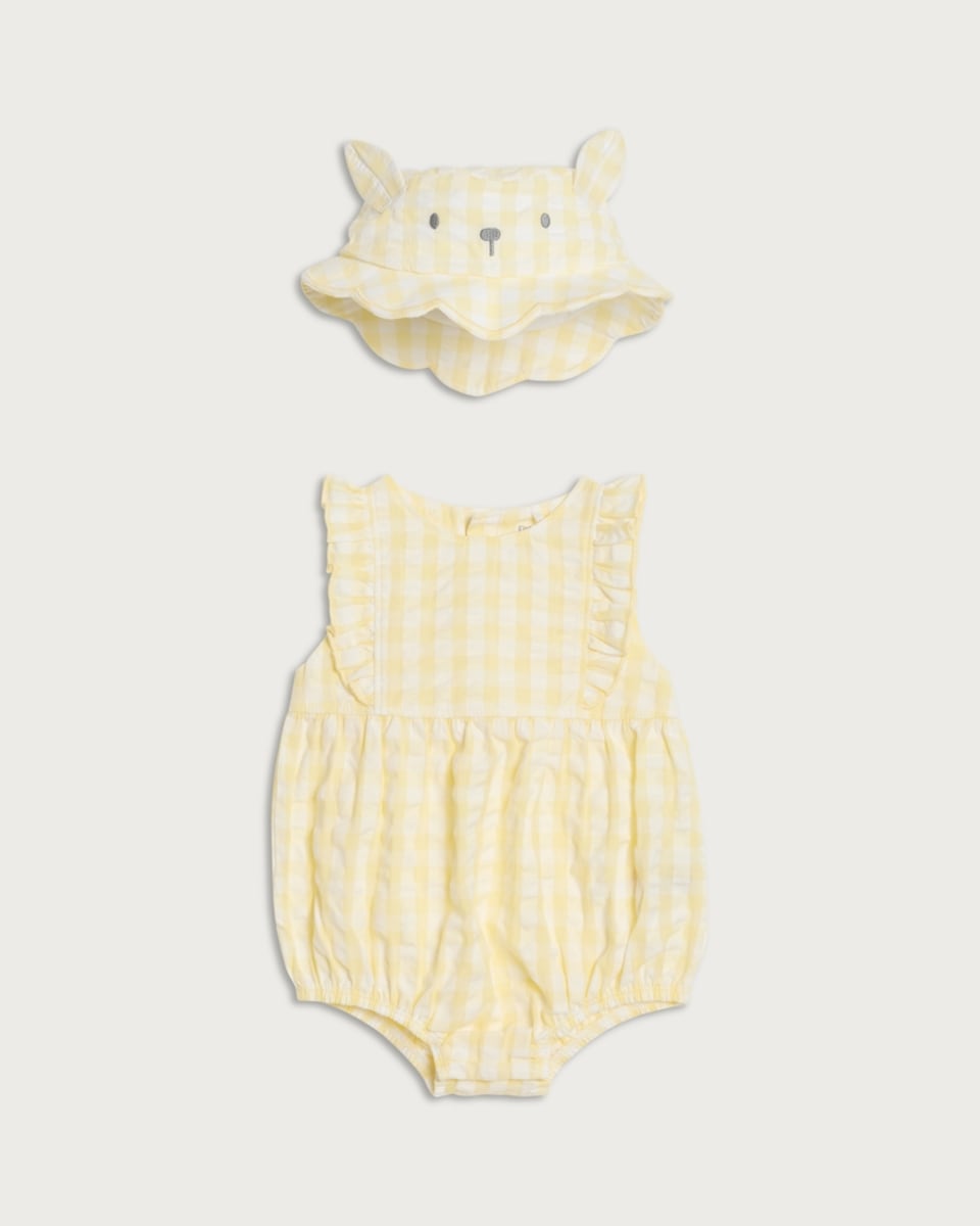 F&F Baby 2-Piece Pure Cotton Gingham Romper with Hat in Yellow