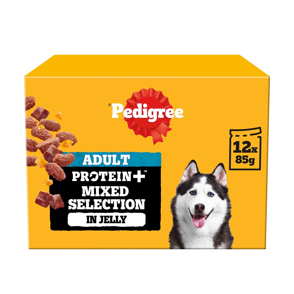 image 1 of PEDIGREE Protein plus Adult Wet Dog Food Pouches Mixed Selection in Jelly 12x85g