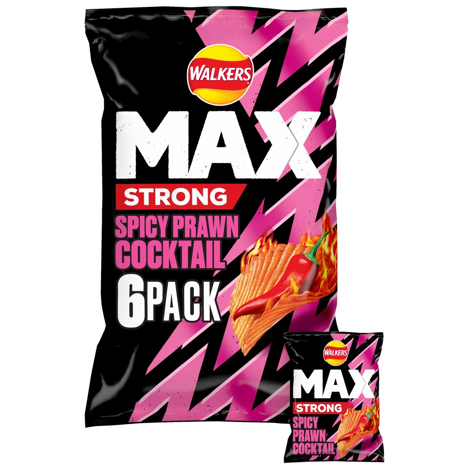 image 1 of Walkers Max Strong Fiery Prawn Cocktail Multipack Crisps 6x27g