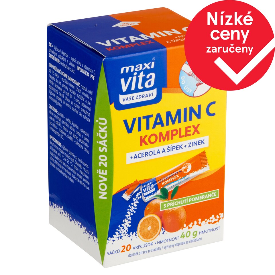 Obrázek 1 pro produkt Maxi Vita Vaše Zdraví Vitamin C komplex + acerola a šípek + zinek s příchutí pomeranče 20 sáčků 40g