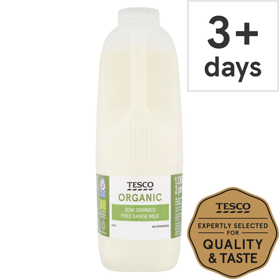 Tesco Organic British Semi Skimmed Milk 1.136L, 2 Pint