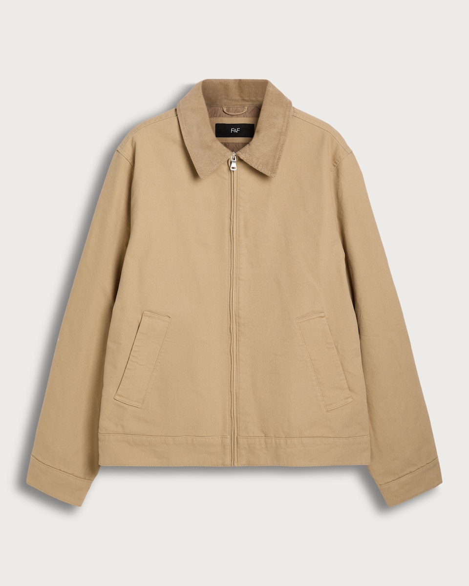 image 1 of F&F Pure Cotton Corduroy Collar Zip Front Jacket in Stone