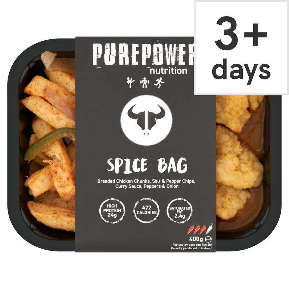 PUREPOWER NUTRITION SPICE BAG Breaded Chicken Chunks, Salt & Pepper Chips, Curry Sauce, Peppers & Onion 400g