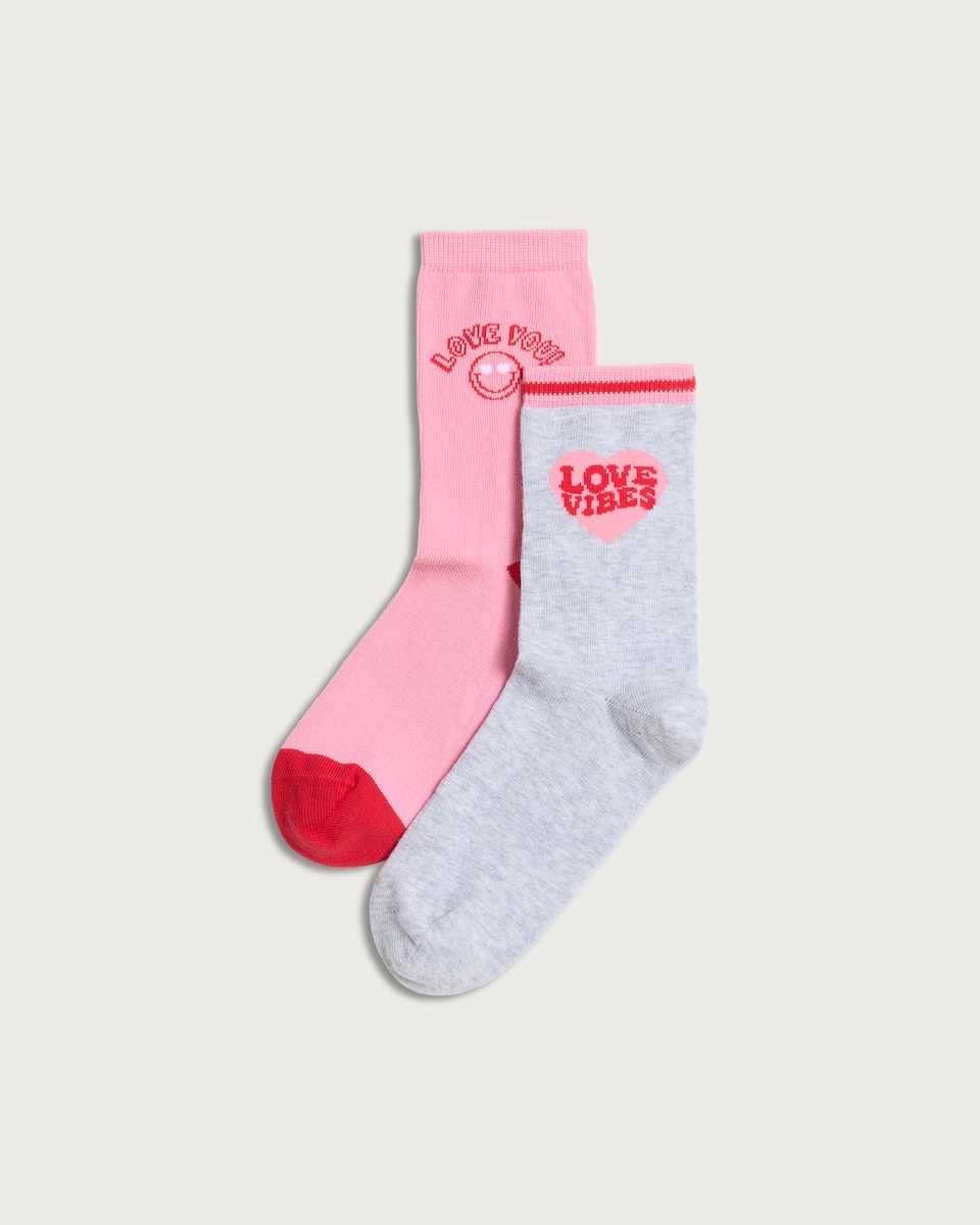 F&F 2-Pack Cotton Blend Love Print Ankle Socks in Pink