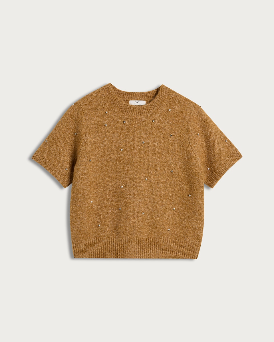 F&F Diamanté Embellished Short Sleeved Jumper in Neutral