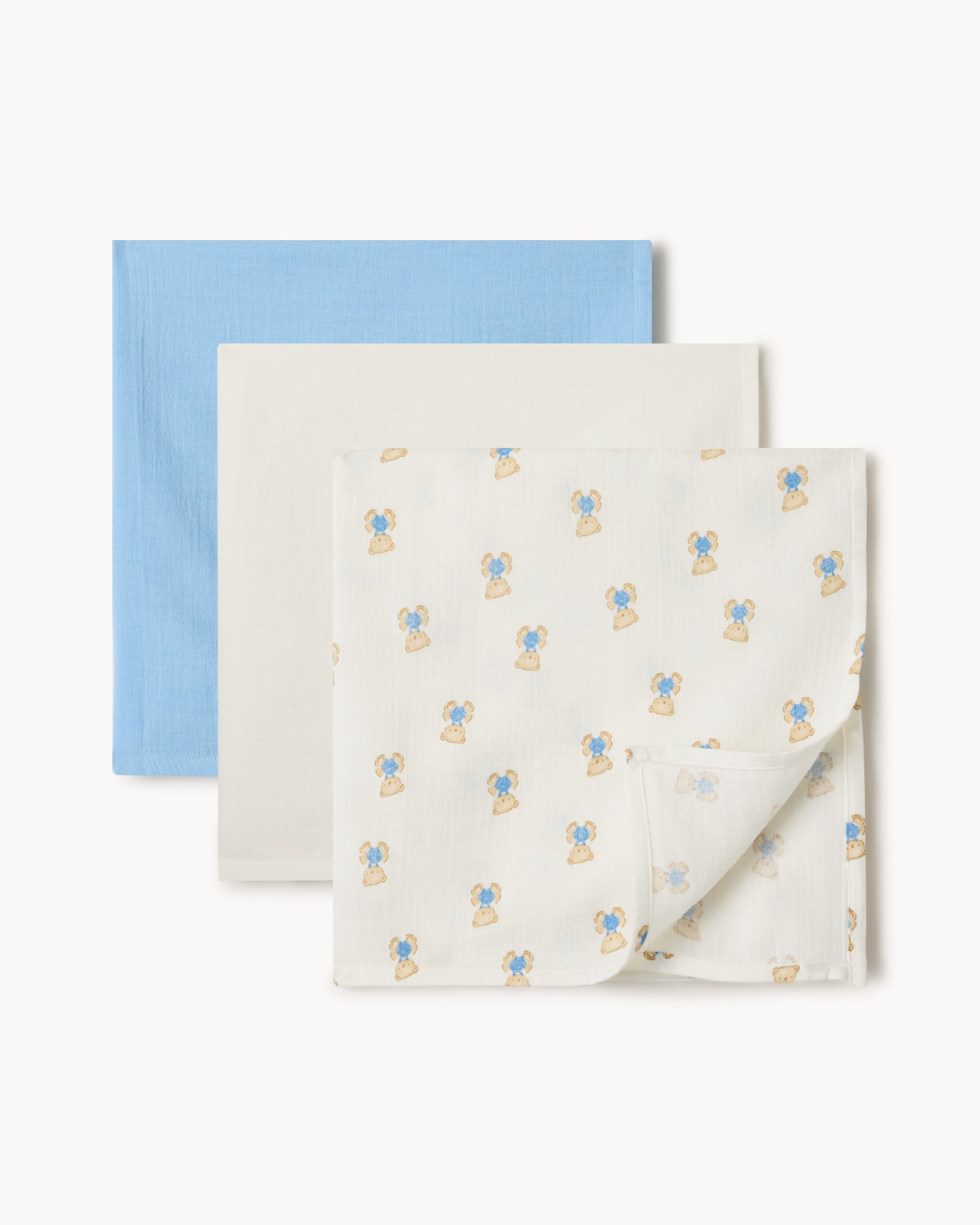 F&F Baby 3-Pack Pure Cotton Bear Muslin Cloths in Blue