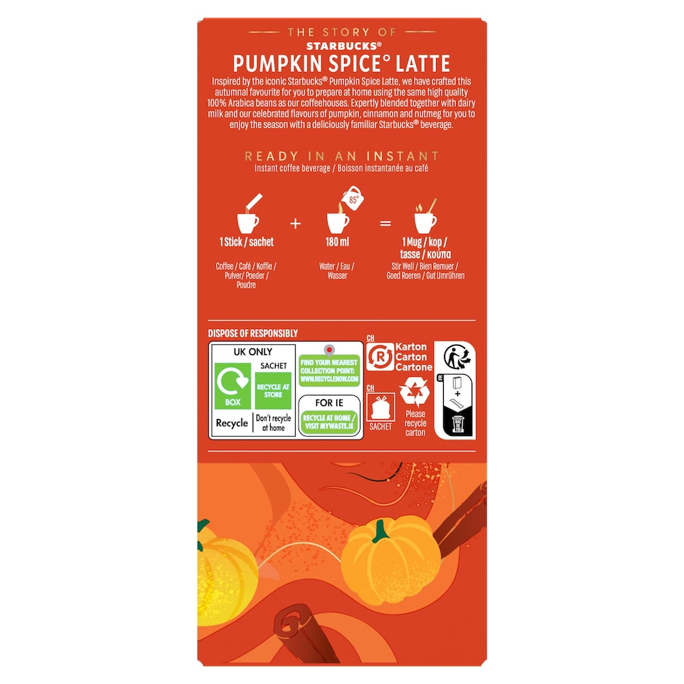image 1 of Starbucks Limited Edition Pumpkin Spice Latte Creamy & Spiced 4 sachets 96g.