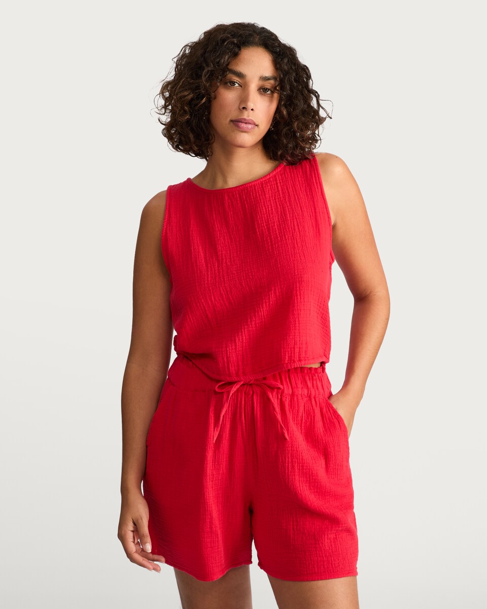 image 1 of F&F Textured Sleeveless Tie Back Top in Red