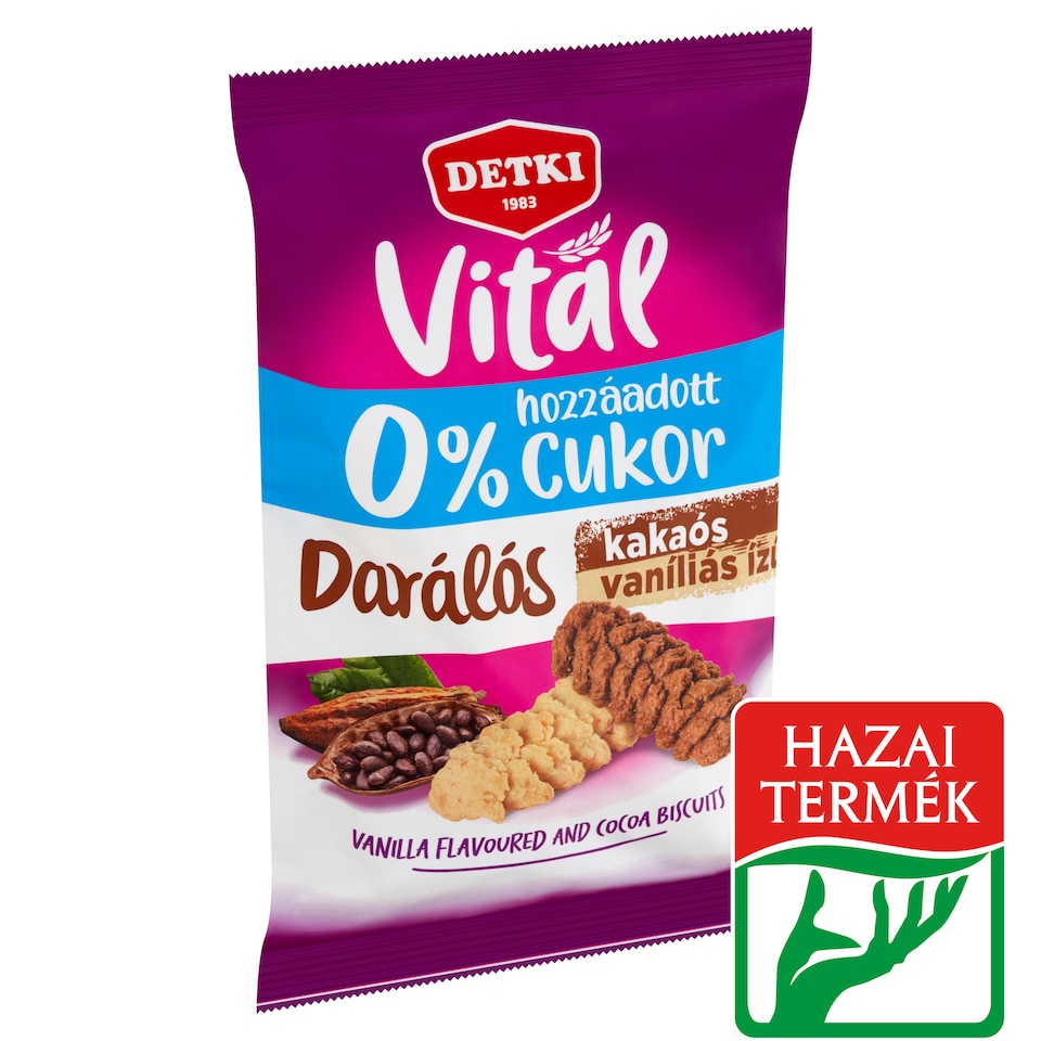 Detki Vital darálós kakaós-vaníliás ízű keksz hozzáadott cukor nélkül, édesítőszerekkel 180 g