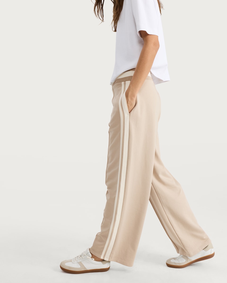 image 1 of F&F Active Cotton Rich Side Stripe Wide Leg Trousers in Stone