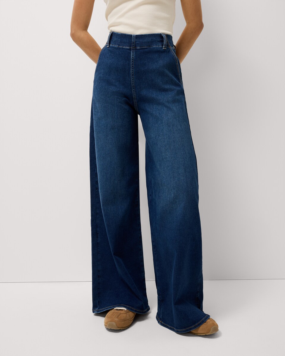 image 1 of F&F High Rise Pull On Wide Leg Jeans in Navy