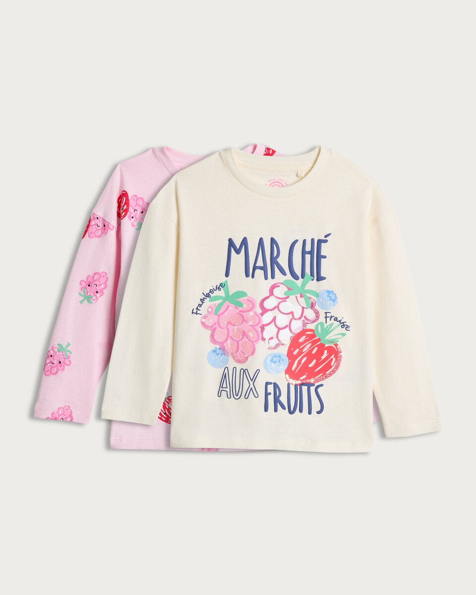 F&F Girls 2-Pack Pure Cotton Printed Long Sleeved Tops in Multi Pink