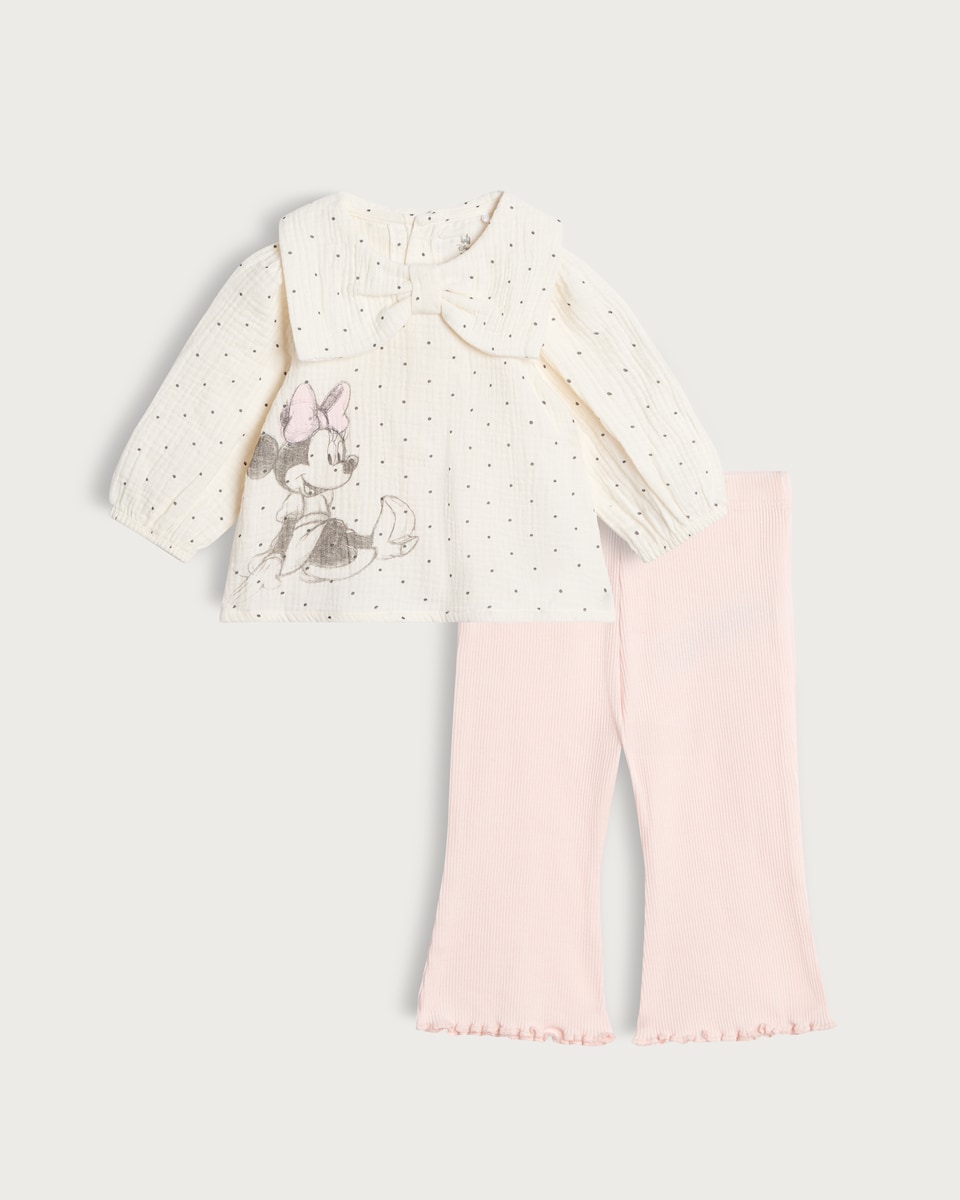 image 1 of Disney Minnie Mouse 2-Piece Cotton Rich Crinkle Top and Legging Set in Multi Pink