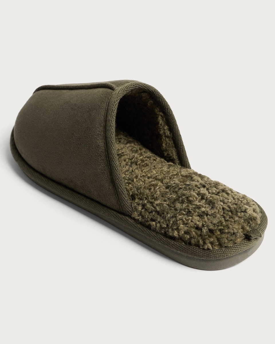 image 1 of F&F Faux Suede Borg Lined Mule Slippers in Khaki