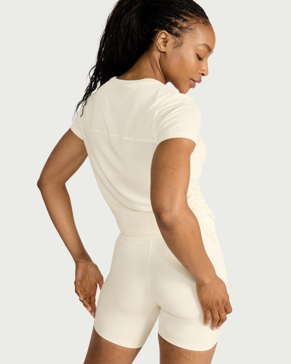 image 1 of F&F Active EVERYHOUR Ruched Side T-Shirt in Cream