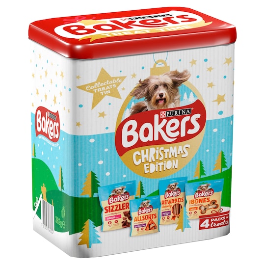 Bakers Christmas Dog Treats Tin 4 Pack 382G Tesco Groceries