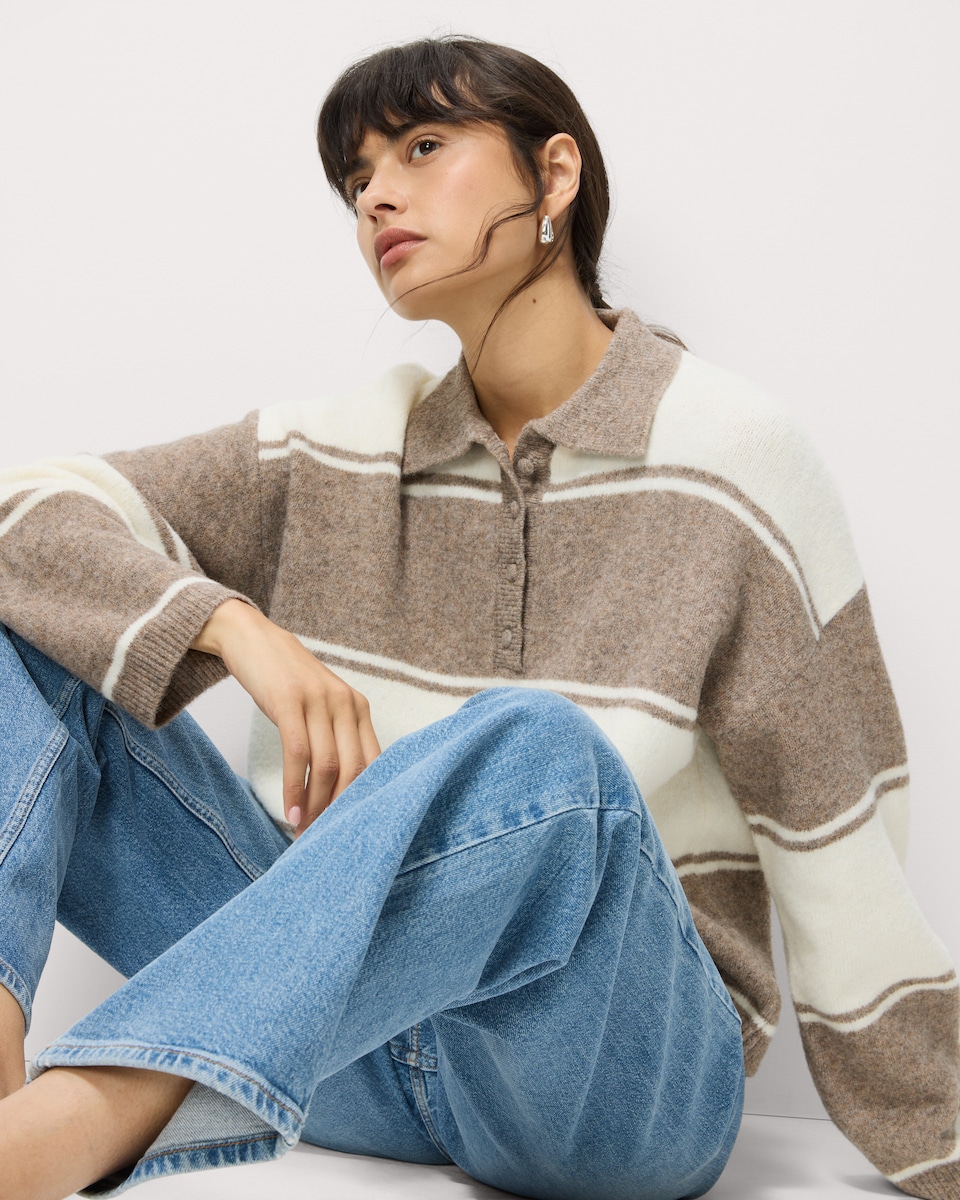 image 1 of F&F Striped Rugby Jumper with Wool in Neutral
