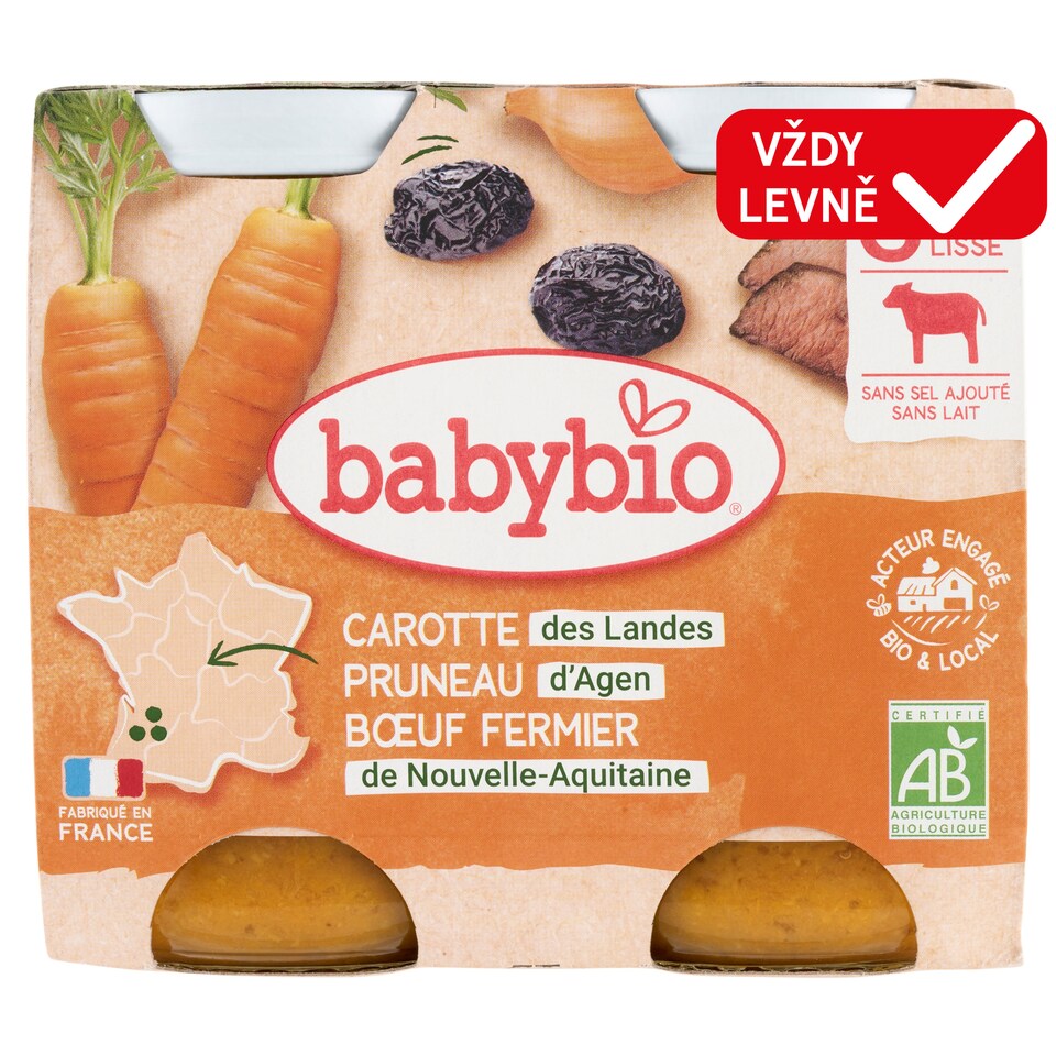 Babybio Bio menu mrkev a sušené švestky s hovězím masem 2 x 200g