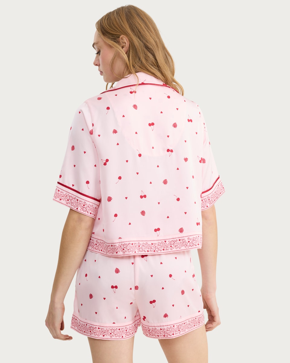 image 1 of F&F CoolEase™ Satin Fruit Print Shirt and Shorts Pyjama Set in Multi Pink