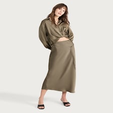 F&F Tie Detail Midi Skirt in Khaki