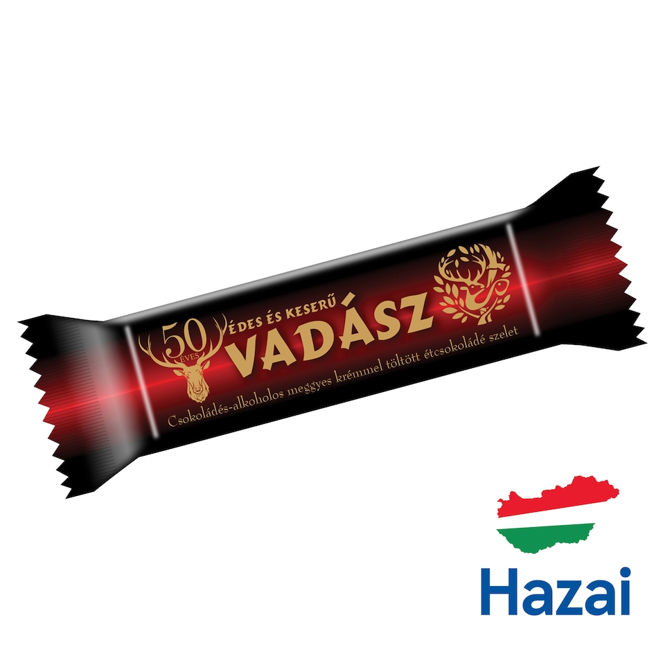 Vadász Édes és Keserű csokoládés-alkoholos meggyes krémmel töltött étcsokoládé szelet 25 g