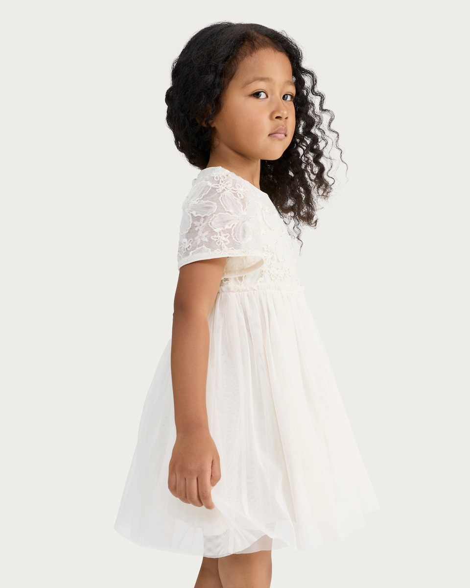 image 1 of F&F Girls Floral Lace Short Sleeved Dress in Cream