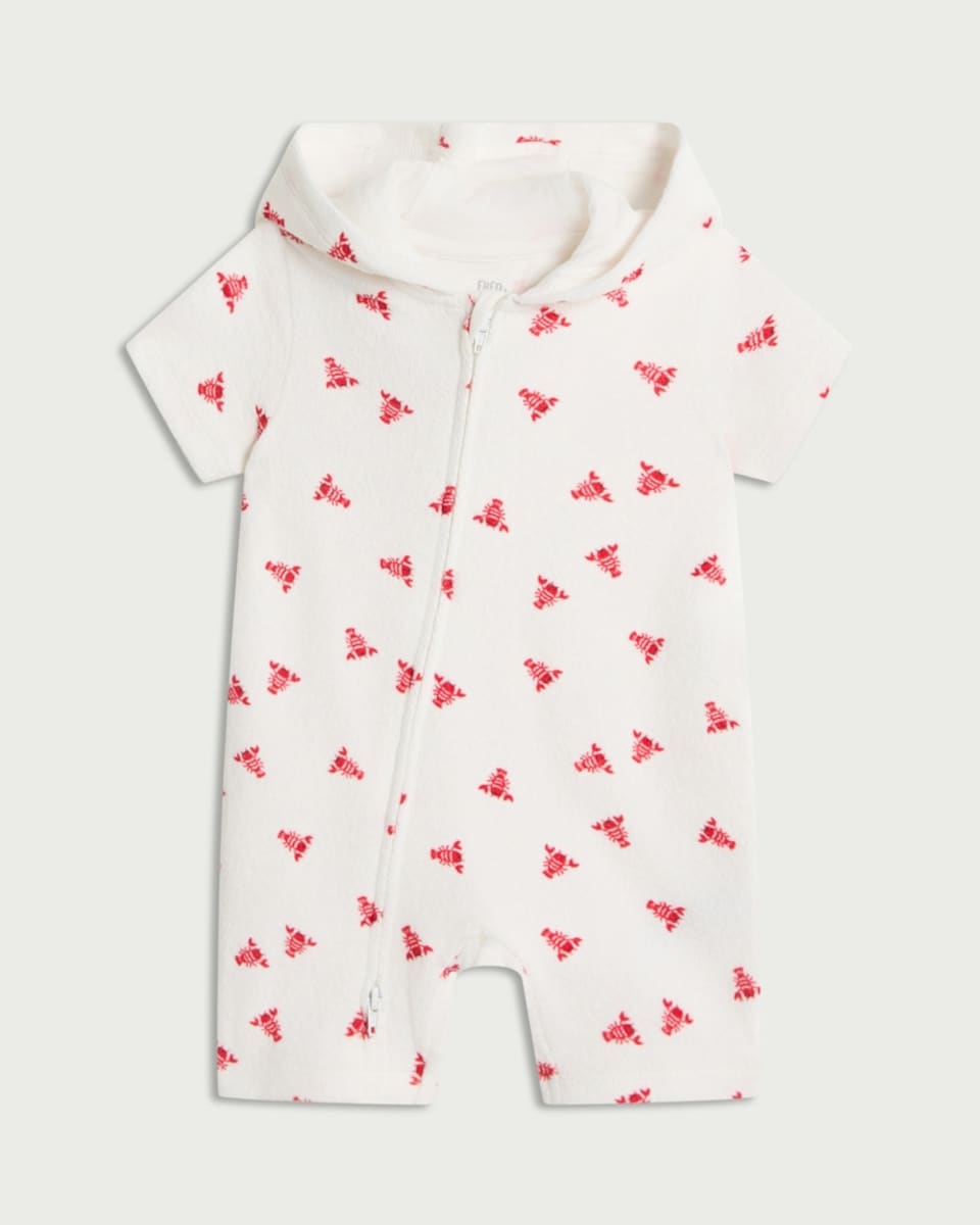 image 1 of F&F Baby Pure Cotton Lobster Print Hooded Romper in White